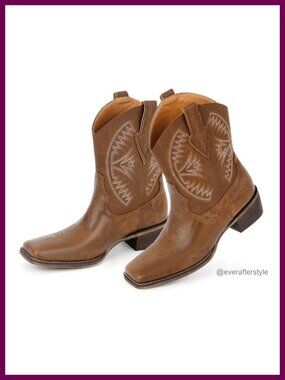 Faux Leather Square Toe Western Boots Ankle Zip Up Block Heel